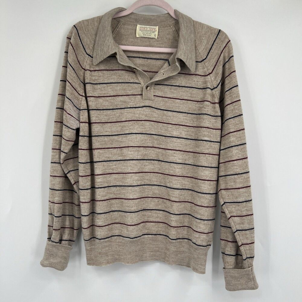Vintage Lord Jeff Sweater Women Large Striped Sweate Collar USA MADE Orlon